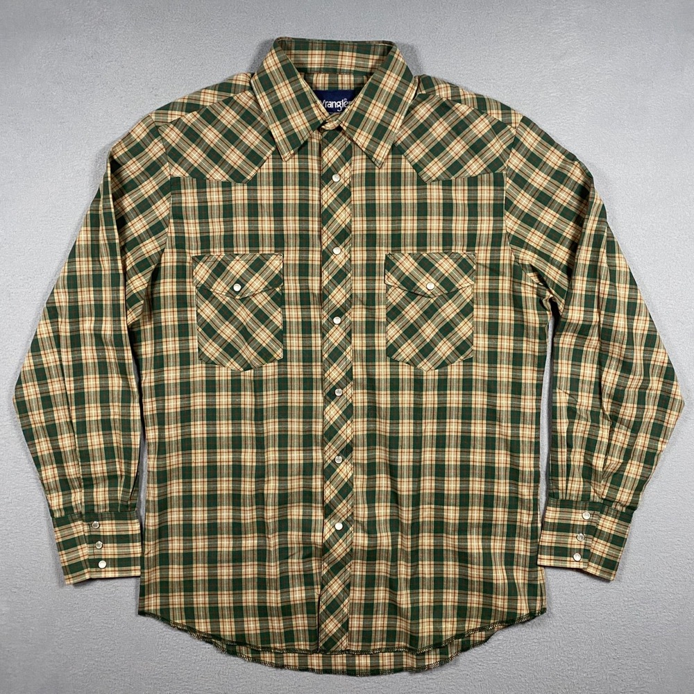 Wrangler Western Pearl Snap Mens M Green Plaid Button Down Long Sleeve Shirt - Picture 2 of 6
